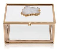 Golden Vintage Rectangular Jewellery Display Box with All-Natural Agate Stone, Decorative Keepsake Jewelry Accessory Storage Organizer, Glass Jewellery Case Lidded Box for Necklaces Bracelets Earrings