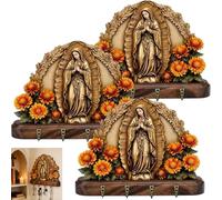 Golden Virgin Mary Key Holder,Our Lady of Guadalupe Sacred Wall Key Holder,Organizer Elegant Wall Art with Purpose,Christian Mounted with 2D Praying Mary Art Religious Farmhouse Entryway Decor (3pcs)