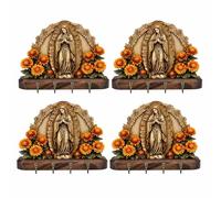 Golden Virgin Mary Key Holder Wall Art with - 2D Our Lady of Guadalupe Sacred Wall Key 4 Hooks Wall Mounted Key Rack for Jewelry Rosaries Religious Farmhouse Entryway Home Decor (4PCS)