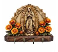 Golden Virgin Mary Key Holder Wall Art with - 2D Our Lady of Guadalupe Sacred Wall Key 4 Hooks Wall Mounted Key Rack for Jewelry Rosaries Religious Farmhouse Entryway Home Decor (1PCS)
