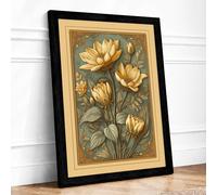 Golden Water Lilies Botanical Framed Wall Art Print A2 (59.4×42cm) Black, Wall Decor for Living Room, Bedroom, Office & Home, Ready to Hang, Art Gift