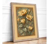 Golden Water Lilies Botanical Framed Wall Art Print A2 (59.4×42cm) Oak, Wall Decor for Living Room, Bedroom, Office & Home, Ready to Hang, Art Gift