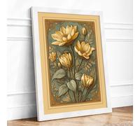 Golden Water Lilies Botanical Framed Wall Art Print A4 (29.7×21cm) White, Wall Decor for Living Room, Bedroom, Office & Home, Ready to Hang, Art Gift