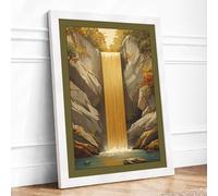 Golden Waterfall in Stone Landscape Framed Wall Art Print A1 (84.1×59.4cm) White, Wall Decor for Living Room, Bedroom, Office & Home, Ready to Hang, Art Gift