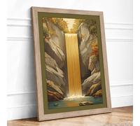 Golden Waterfall in Stone Landscape Framed Wall Art Print A2 Oak Frame