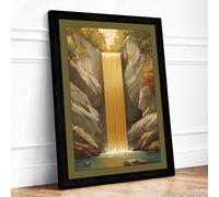 Golden Waterfall in Stone Landscape Framed Wall Art Print A4 (29.7×21cm) Black, Wall Decor for Living Room, Bedroom, Office & Home, Ready to Hang, Art Gift