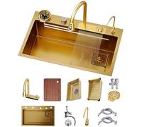 Golden Waterfall Three in One Pull-Out Faucet Stainless Steel Sink With Accessories - Multi-Functional Single Bowl Workstation Complete Accessory Set (Color: Gold, Size: 75x)