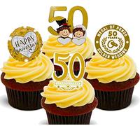 Golden Wedding 50th Anniversary Edible Cupcake Toppers - Gold Stand-up Wafer Cake Decorations (Pack of 24)