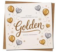 Golden Wedding Anniversary Card - 50 Years Congratulations - Gold & Silver Heart Balloons Design - Square 145mm x 145mm -, Includes Kraft Envelope