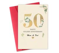 Golden Wedding Anniversary Cards for Parents, 50th Wedding Anniversary Card with Envelope, Floral and Golden Digital Design, Celebrating 50 Year Marriage for Mum & Dad(5.3×8 in)