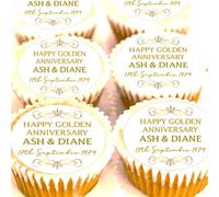 Golden Wedding Cupake Toppers - Personalised Names and Wedding Anniversary Date - 50th Anniversary Cake Decorations - Edible Icing or Wafer - (4.5cm x 24 Icing)