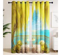 Golden Weeping Willow, Outdoor Table, Flowers Blackout Curtains - Balcony, Guest Bedroom Window Drapes, Warm, Light & Shadow, Pleasant, Sea Surface Thermal Insulated Window Curtains