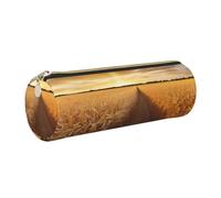 Golden Wheat Field Printed Cylindrical Leather Pencil Case for Girls Boys, Gold Zipper Pencil Bag Pen Pouch Organizer for Student School Office College