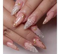 Golden Wings Press On Nails - Almond Shaped Medium Long ABS French Tip Nude Pink with Gold Edge Accent, 3D Wing and Pearl Details, Full Cover False Nails for Women, 24PCS Set with Application Tools