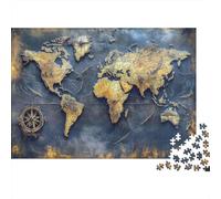 Golden World Map Art 1000 Pc Premium Cardstock Jigsaw Puzzle for Couple Partners, Concentration Puzzle, Indoor Leisure Time, Perfect Housewarming Gift 70x50cm/1000pcs