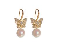 Golden Zircon Butterfly Pearl Ear Hook White Pearl Pendant Sweet and Stylish Ear Accessory Gift
