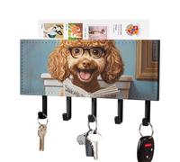 Goldendoodle on Toilet Reading Newspaper Wall Mounted Key Holder Organizer with 5 Hooks Keys Hanger Rack Home Decor