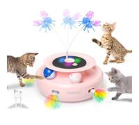 GoldenSun 3-in-1 Interactive Cat Toys for Indoor Cats adult 2000mAh Type-C Rechargeable Power Balls & Handmade Butterfly Cat Feather Toy Auto On/Off, Cat Teaser with 6 Attachments, Pink