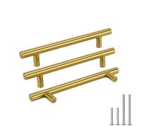 Goldenwarm 20pcs Brushed Brass Stainless Steel European Style T Bar Tube Pulls Kitchen Cabinet Door Hanldes Drawer Knobs Golden Hole Spacing 128mm 5in
