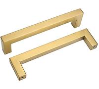 goldenwarm 5 x Modern Brushed Brass 128mm Hole Square Drawer Pull Handles