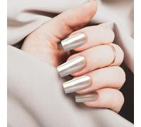 GoldFinger False Nails Kit, Special Chrome Effect, Long Square Metallic Silver Design Nail, Long-Lasting Hottest Trend Press on Nails, Convenient & Easy to Apply