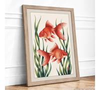 Goldfish Among Aquatic Plants Botanical Framed Wall Art Print A2 (59.4×42cm) Oak, Wall Decor for Living Room, Bedroom, Office & Home, Ready to Hang, Art Gift
