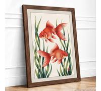 Goldfish Among Aquatic Plants Botanical Framed Wall Art Print A3 (42×29.7cm) Walnut, Wall Decor for Living Room, Bedroom, Office & Home, Ready to Hang, Art Gift