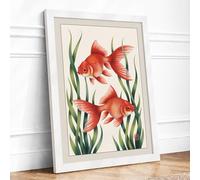 Goldfish Among Aquatic Plants Botanical Framed Wall Art Print A3 (42×29.7cm) White, Wall Decor for Living Room, Bedroom, Office & Home, Ready to Hang, Art Gift