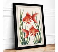 Goldfish Among Aquatic Plants Botanical Framed Wall Art Print A4 (29.7×21cm) Black, Wall Decor for Living Room, Bedroom, Office & Home, Ready to Hang, Art Gift