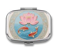 Goldfish and Lotus Mural Pattern Pill Case 2-Compartment Pill Organizer with Mirror- Portable Medicine Container for Purse & Travel, Small Medicine Box for Vitamins, Fish Oil, Supplements