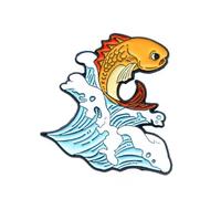 Goldfish and Waves Enamel Pin Badge | Japanese Koi Style Lapel Pin | Ocean-Themed Accessory (3 x 3 cm)