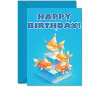 Goldfish Birthday Cards for Her Him - Party Animals Pyramid - Happy Birthday Card for Mum Dad Brother Sister Auntie Uncle Cousin Friend Family Colleague A5 Bday Greeting Cards