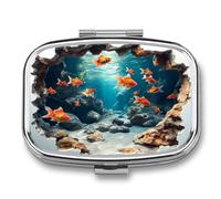 Goldfish Swimming Cracked Wall Pill Box 2 Compartment Portable Medicine Pill Case Travel Pill Organizer for Pocket Purse