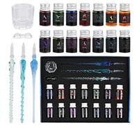 GOLDGE 19 Pieces Glass Dip Pen Ink Set, 3 Crystal Pen with 14 Colorful Inks and Holder, Glass Dip Pens for Art, Writing, Signatures, Calligraphy, Gift Cards, Poster Cards, Decoration