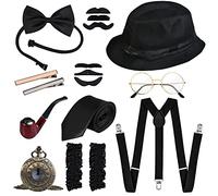GOLDGE 1920s Men's Accessories Set Mafia Gatsby Gatsby Costume Set with Panama Gangster Hat Adjustable Braces Tie Bow Tie Retro Pocket Watch Glasses Beard (7 Pieces)