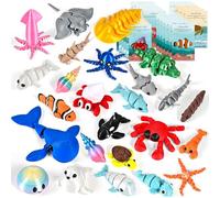 GOLDGE 25PCS 3D Printed Ocean Animals with 25 Learning Cards, 3-4" Articulated 3D Printed Fidget Animals Bulk, Flexible 3D Printed Animals, 3D Shark, Octopus & Sea Creatures Toys