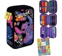 Goldkids - Pencil Case 3 Compartments - Pencil Case for Girls and Boys - Pencil Case 3 Compartments Pencil Case Filled Pencil Case - School Pencil Case and Homework Book, Stitch., XL, Classic