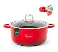 GOLDMANN Premium Cast Aluminium Cooking Pot 28 cm - 6.5 L - Modern Red - Ceramic Marble Non-Stick Casserole with Glass Lid and Silicone Handles, Suitable for All Hobs Including Induction & PFOA-Free