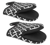 Goldmeet 1 Pair Short Oven Mitts, Heat Resistant Silicone Kitchen Mini Mitts for 500 Degrees, Grip Surfaces and Hanging Loop Glove, Baking Grilling Barbecue Microwave Machine Washable (Dark Grey)