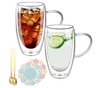 Goldmeet 450ml x 2 Double Walled Glass Mugs for Hot Drinks with Handles, Spoon and Insulation Pad, Reusable Coffee Cup, Hot Chocolate Mug, Latte Tea Cappuccino Cups, Clear Coffee Mugs, Dishwasher Safe