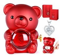 goldmiky Romantic Teddy Bear with Preserved Red Rose, Hidden Jewelry Box & Heart - Shaped Necklace for Her on Valentine's Day, Mother's Day, Weddings, Anniversaries (White diamond)