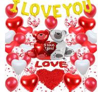 GOLDNICE Valentines Day Decorations Kit - Bear Foil Balloon, 20Pcs Red Heart Shaped Foil Balloons, I LOVE YOU & Red Balloons, 500Pcs Artificial Rose Petals, Medium
