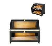 GoldonWal Bamboo Double Decker Bread Bin 2-Layer Bread Box with Window & Lock