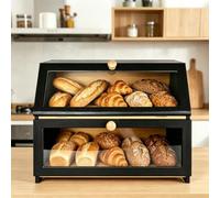 GoldonWal Bamboo Double Decker Bread Bin 2-Layer with Window & Magnetic Lock