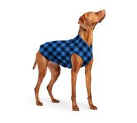 Goldpaw Stretch Fleece Dog Sweater - with Spandex for 4-Way Stretch - Soft, Comfortable Dog Coat - Machine Washable - Made in the USA - Cobalt Buffalo Check - Size 18