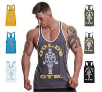Gold's Gym UK GGVST004 Mens Training Sports Fitness Tank Top Muscle Joe Contrast Stringer Vest, Grey Marl/White, Small