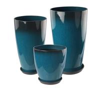 Goldshire 24-21-11 Inch Tall Planters Set of 3, Indoor Outdoor Blue Glossy Round Planter with Drainage Hole and Saucer, Large Decorative Plant Pots for Home Garden Porch