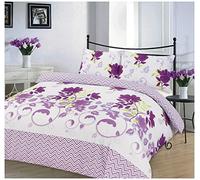 Goldstar 4 Piece Duvet Cover Set With Valance Sheet And Pillow Case Complete Quilt Cover Bedroom Floral Stripes Polycotton Reversible Bedding Set (King, Bethany Lilac Floral)
