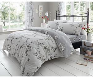 GoldStar® Birdie Blossom Floral Printed Duvet Quilt Cover Birds Bedding Set Bed Linen, Double, Grey