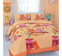 Goldstar® Cute Owl Cot Bed Size Duvet Quilt Cover Printed Bedding Set With Pillow Case (Peach)